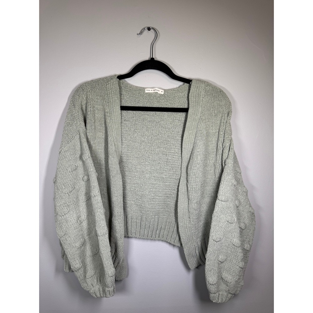 Y2K Moon & Madison Sage Green Chenille Pom Pom Sleeve Cropped Cardigan